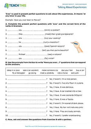 ESL present perfect worksheet preview: writing questions, binary choice, writing sentences, pair work, pre-intermediate