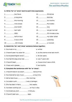 ESL For and Since Worksheet resource preview for pre-intermediate A2: gap-fill, matching, rewriting, answering questions