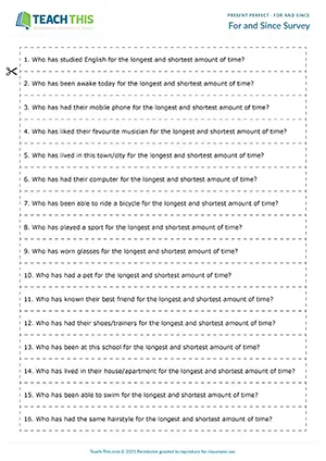 ESL For and Since Activity resource preview for intermediate B1: class survey, asking and answering questions, present perfect