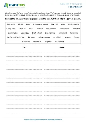 ESL For and Since Activities resource preview for pre-intermediate A2: categorizing, matching, grammar game