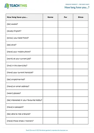 ESL For and Since Activity resource preview for pre-intermediate A2: class survey, present perfect, question practice
