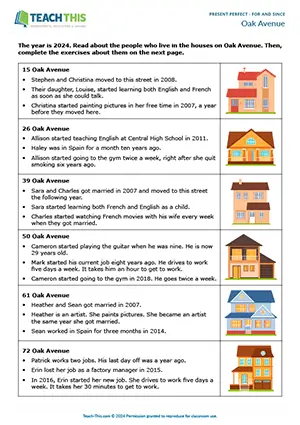 ESL For and Since Worksheet resource preview for intermediate B1: reading, sentence completion, writing questions
