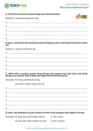 ESL Just and Yet Activity resource preview for pre-intermediate A2: writing sentences, guessing, asking and answering questions in pair work