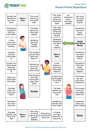 ESL present perfect board game preview: impromptu speech, communicative practice, group work, intermediate