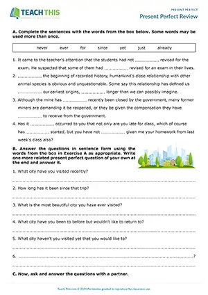 ESL present perfect worksheet review preview: gap-fill, writing sentences, error correction, asking and answering, upper-intermediate