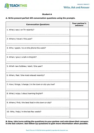 ESL Present Perfect Wh Questions Activity preview, A2 level, focused on writing, asking, and answering grammar and speaking questions