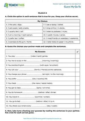 ESL Present Simple Game preview for Pre-intermediate (A2): forming sentences, guessing, pair work