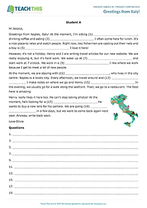 ESL Present Simple vs. Present Continuous Activity worksheet preview for Pre-intermediate (A2): information gap and writing questions