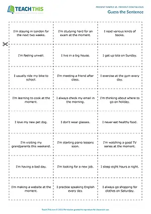 ESL Present Simple vs. Present Continuous Game worksheet preview for Intermediate (B1): describing sentences for others to guess