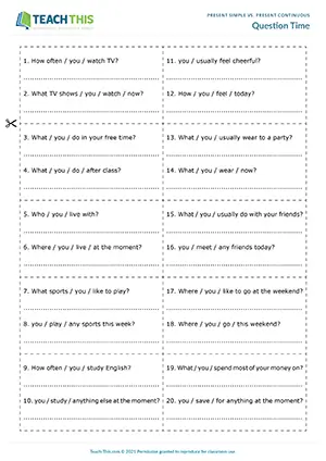 ESL Present Simple and Present Continuous Activity worksheet preview for Pre-intermediate (A2): writing and asking questions