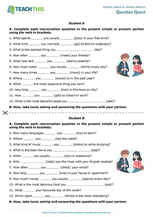 ESL Present Simple vs. Present Perfect Activity worksheet preview for Pre-intermediate (A2): forming, asking and answering questions