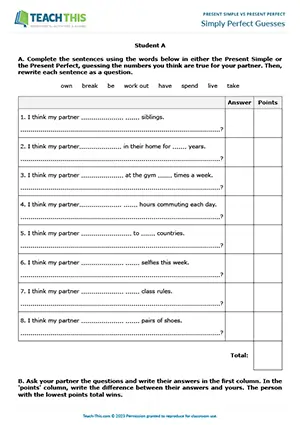 ESL Present Simple vs. Present Perfect Game worksheet preview for Intermediate (B1): gap-fill, guessing and questions