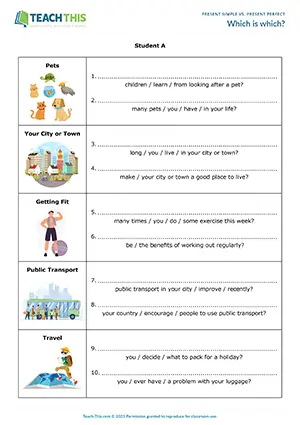ESL Present Simple vs. Present Perfect Activity worksheet preview for Intermediate (B1): writing, asking and answering questions
