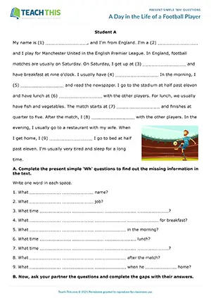 ESL Present Simple Wh Questions Activity worksheet preview for Elementary (A1-A2): information gap and question formation