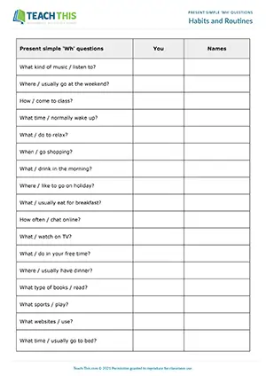 ESL Present Simple Questions Activity worksheet preview for Elementary (A1-A2): Wh questions about habits and routines