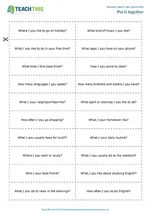 ESL Present Simple Questions Activity worksheet preview for Pre-intermediate (A2): Wh questions with 'to be' and 'do'