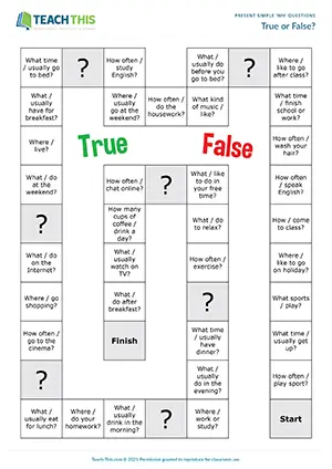 ESL Present Simple Questions Board Game preview for Pre-intermediate (A2): Wh questions, true or false group board game