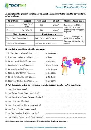 ESL worksheet preview for beginner level A1 showing grammar table completion, matching, unscrambling, and speaking activities involving do/does yes/no questions