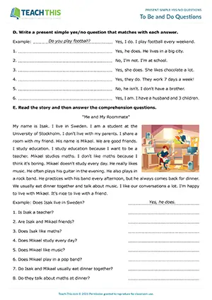 Elementary worksheet for A1-A2 with matching, unscrambling, identifying, and writing present simple yes/no questions and answers