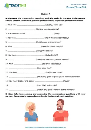 Intermediate B1 speaking activity for forming, asking and answering present tense conversation questions in pairs