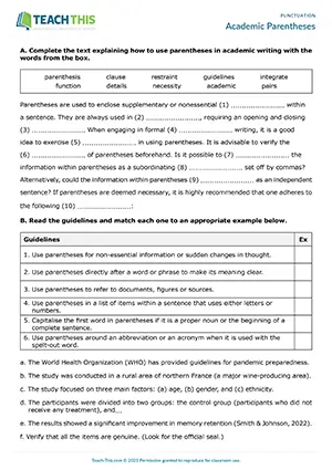 Upper-intermediate worksheet preview for academic use of parentheses with gap-fill, matching, and rewriting exercises