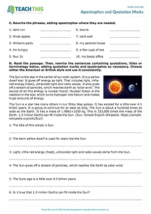 Intermediate worksheet preview on apostrophes and quotation marks: matching, error correction, rewriting, punctuation