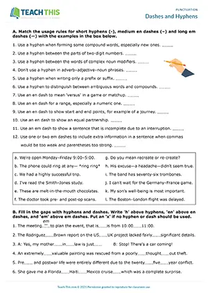Intermediate worksheet preview for using hyphens, en dashes, and em dashes in English writing tasks