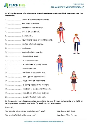 ESL Tag Questions Activity preview, Intermediate B1, guessing, sentence completion, asking and answering questions from prompts