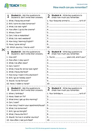 ESL Tag Questions Game preview, Intermediate B1, asking and answering questions from prompts, confirming information, group work