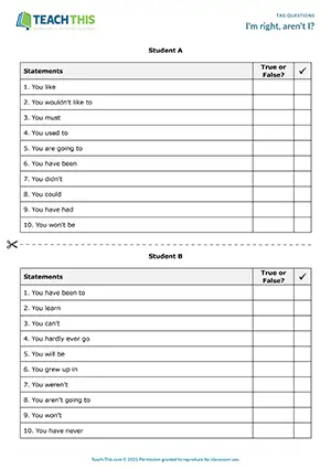 ESL Tag Questions Game preview, Intermediate B1, sentence completion, true or false, asking and answering questions from prompts, pair work