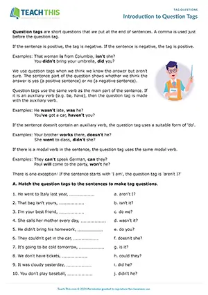 ESL Tag Questions Worksheet preview, Pre-intermediate A2, matching, gap-fill, error correction, question completion