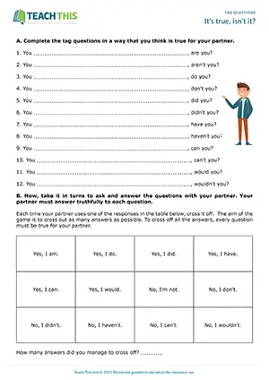 ESL Tag Questions Game preview, Intermediate B1, guessing, writing, asking and answering questions from prompts, pair work
