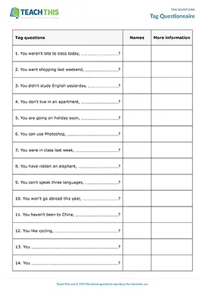 ESL Tag Questions Activity preview, Intermediate B1, completing, asking and answering questions, freer practice