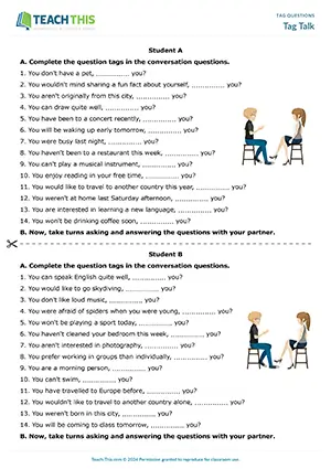 ESL Question Tags Activity preview, Intermediate B1, completing, asking and answering conversation questions, group and pair work