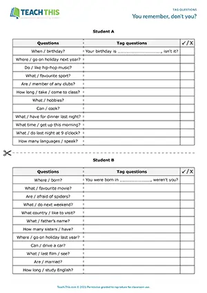 ESL Tag Questions Game preview, Intermediate B1, writing, forming, asking and answering questions, memory, pair work