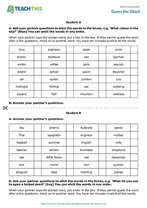 Intermediate B1 game preview where students race to elicit words by asking question word questions in pairs