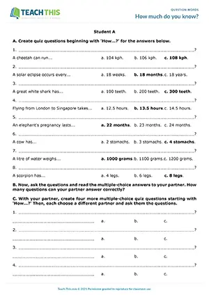 Intermediate B1 speaking activity for forming, asking, and answering How...? quiz questions