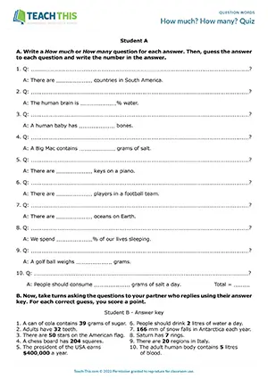 Intermediate B1 quiz activity for forming, asking, and answering How much and How many questions in pairs
