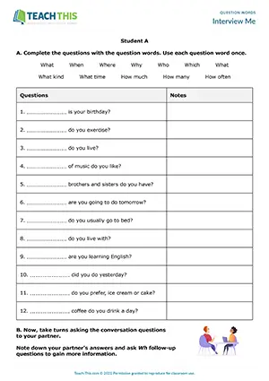 Elementary A1-A2 worksheet preview for question words: forming, asking and answering questions in pair work