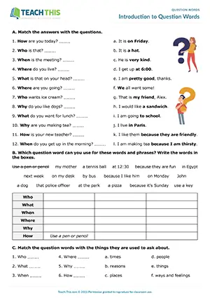 Elementary A1-A2 worksheet preview for question words: matching, categorizing, gap-fill, writing questions
