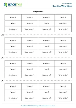 Pre-intermediate A2 group bingo game using question words and racing to form questions on different topics