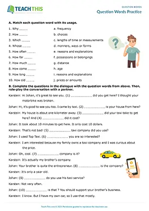 Intermediate B1 worksheet for matching, gap-fill, reading, and writing Wh questions in role-plays