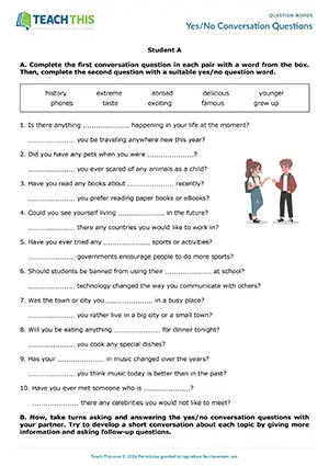 Intermediate B1 group and pair activity for completing, asking, and answering yes/no conversation questions