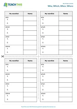 Intermediate B1 group game for describing words using defining relative clauses who, which, when, where