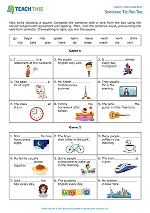 ESL Subject-Verb Agreement Game preview, Elementary A1-A2, gap-fill, pair work