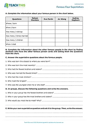 ESL superlative adjectives info gap and discussion activity: students ask and answer questions about famous people at Intermediate B1.