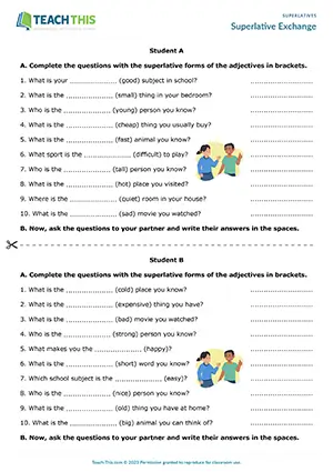 ESL superlative adjectives conversation activity: students complete and ask questions using superlatives in group and pair work, Elementary A1-A2.