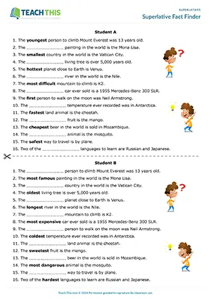 ESL superlative adjectives guessing game: students fill in missing superlatives in factual sentences at Elementary A1-A2.