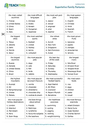 ESL Family Fortunes TV style game preview: students guess top five answers in superlative categories at Pre-intermediate A2.