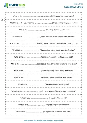 ESL superlative questions group activity preview: students ask, answer, and discuss superlative questions at Intermediate B1.
